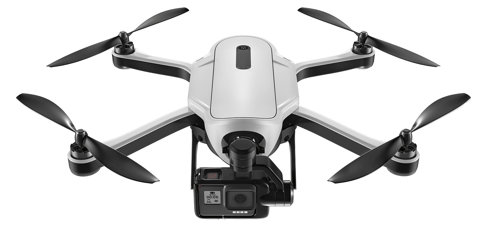 Quadcopter drone with attached action camera.